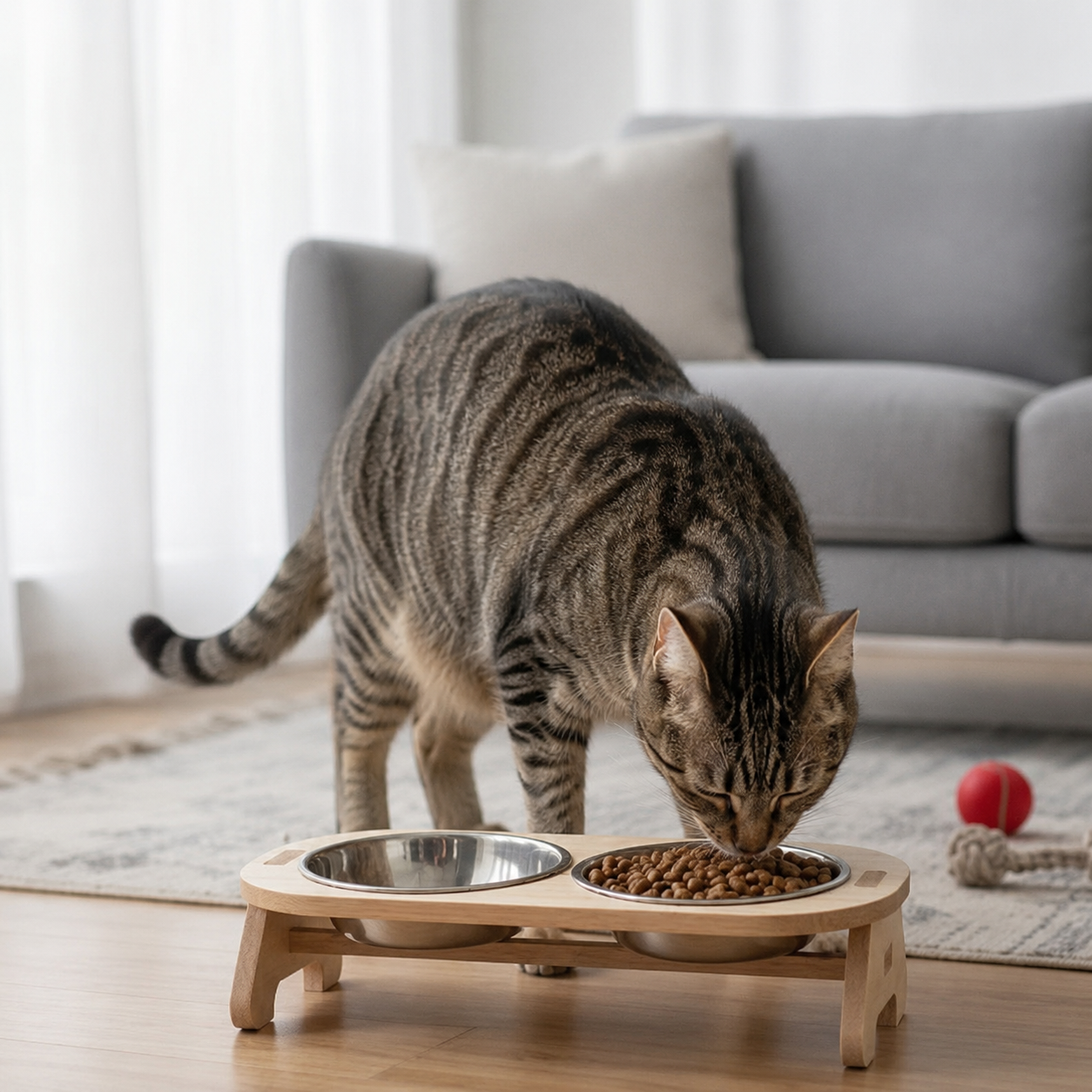 gamelle surélevée chat double chat mange croquettes dans salon