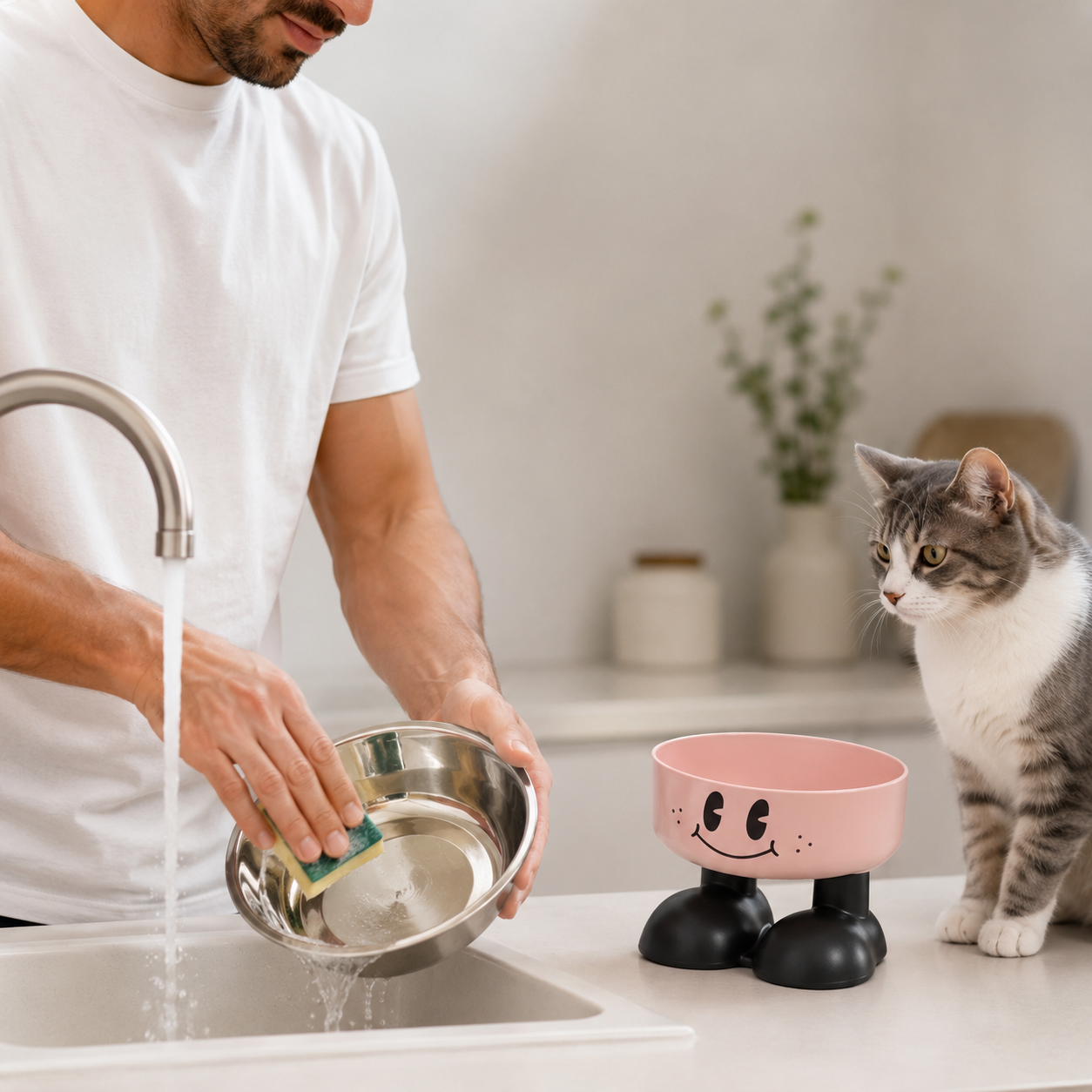 Gamelle surélevée chat homme lavant bol inox détaché chat observe