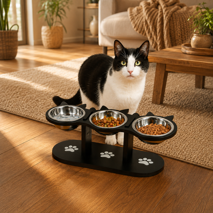 gamelle surélevée chat triple bols dans salon chaleureux