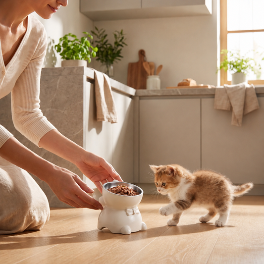 gamelles chaton blanche femme sert repas au chaton