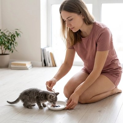 Gamelles chaton céramique femme donnant à manger au chaton