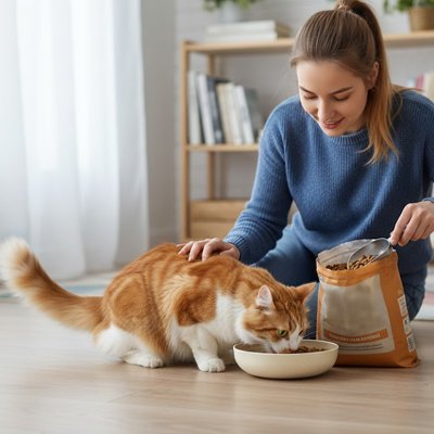 Gamelles pour chats beige femme caressant son chat