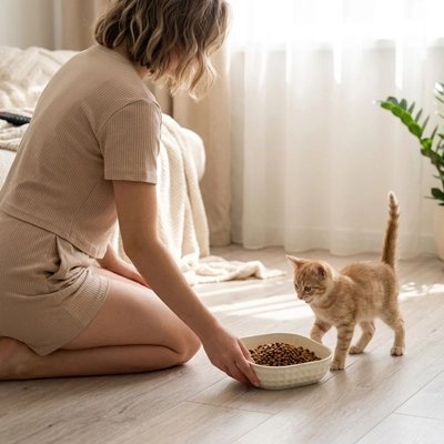 Gamelles pour chats beige femme servant chaton croquettes