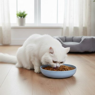 Gamelles pour chats bleue chat blanc mange croquettes