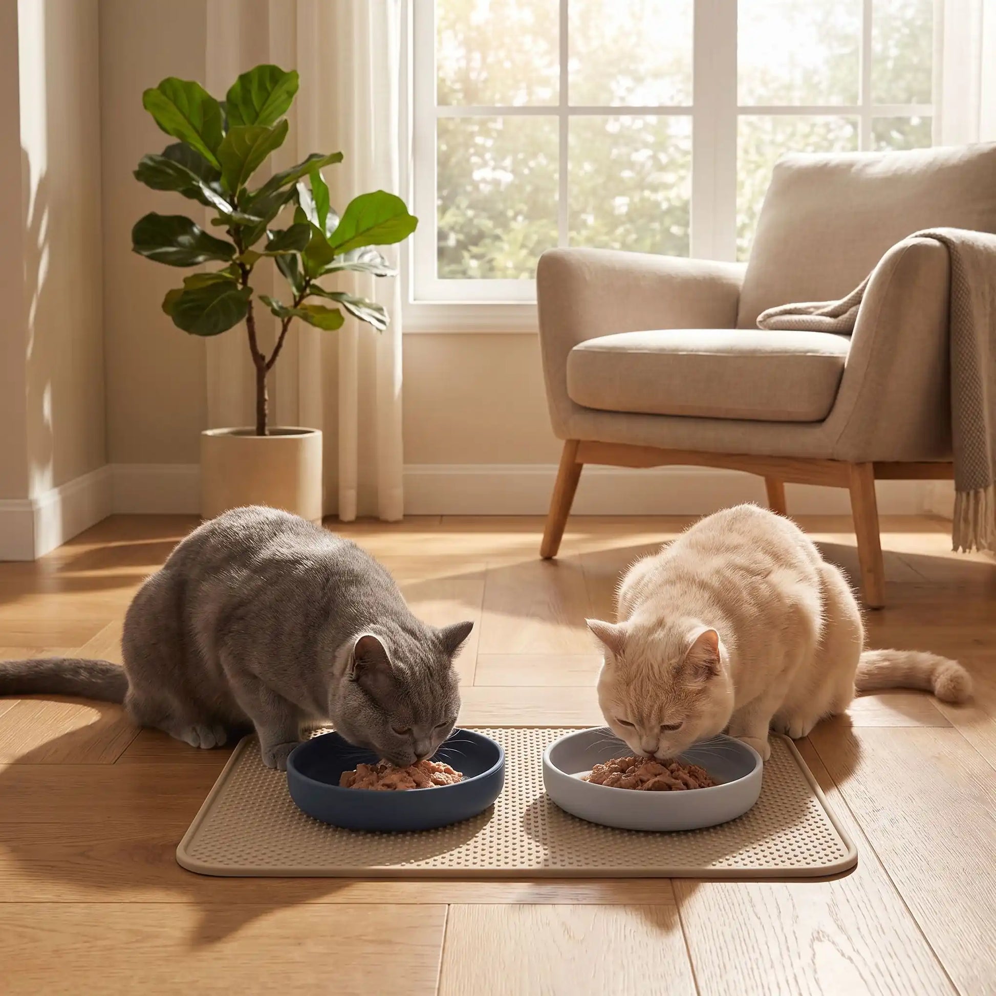 gamelles pour chats bleue et grise deux chat mangent pâtée
