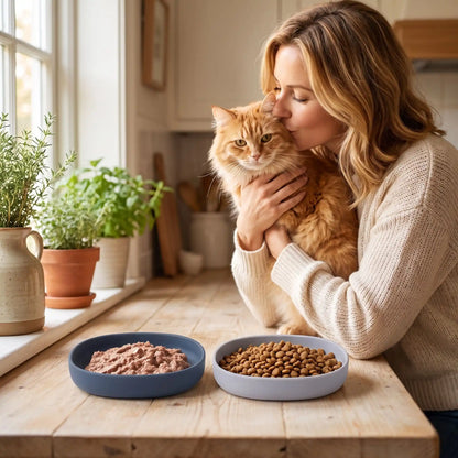 gamelles pour chats bleue grise femme caressant son chat