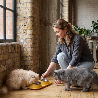 Gamelles pour chats jaunes femme les pose aux chats