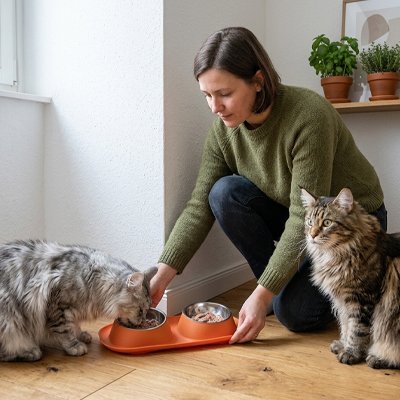 Gamelles pour chats oranges dame donnant croquettes aux chats