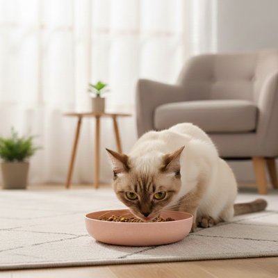 Gamelles  pour chats rose chat mangeant croquettes 