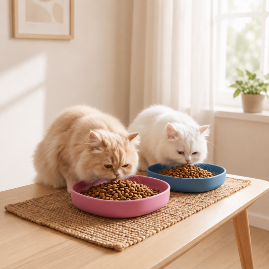 gamelles pour chats rose et bleue deux chats mangent croquettes