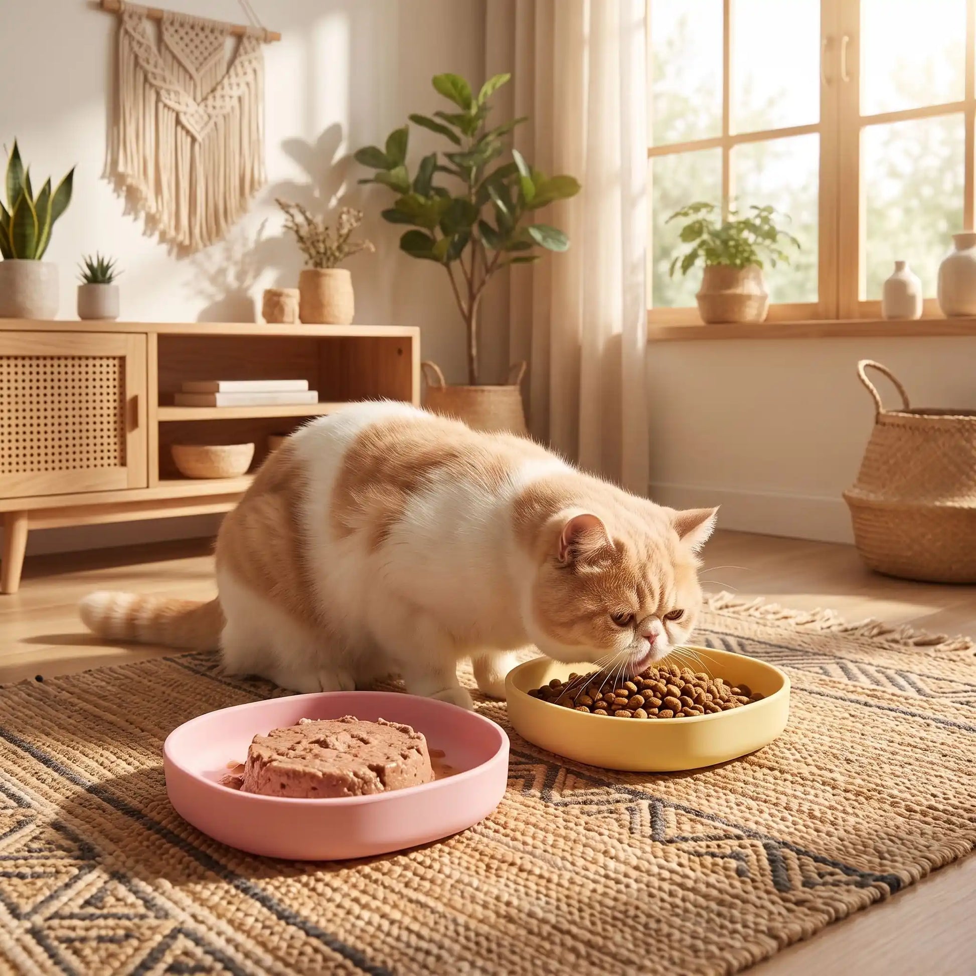 gamelles pour chats rose et jaune chat mange croquettes