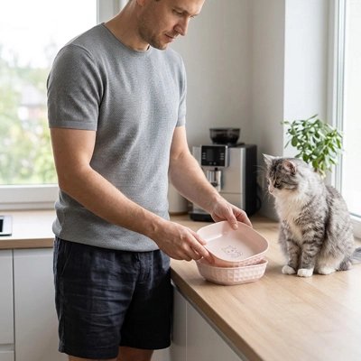 Gamelles pour chats roses tenues par homme avec chat