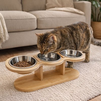 Gamelles pour chats trois bols chat mange croquettes 
