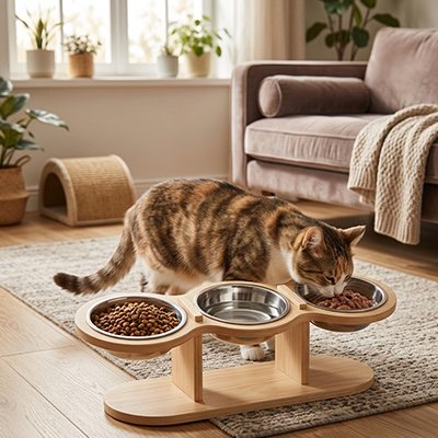 Gamelles pour chats trois bols chat mange croquettes