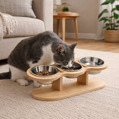 Gamelles pour chats trois bols chat mangeant dans salon