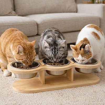 Gamelles pour chats trois chats mangeant chacun un bol