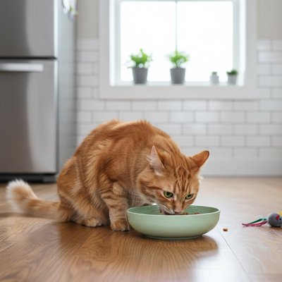 Gamelles pour chats verte chat roux mangeant croquettes 