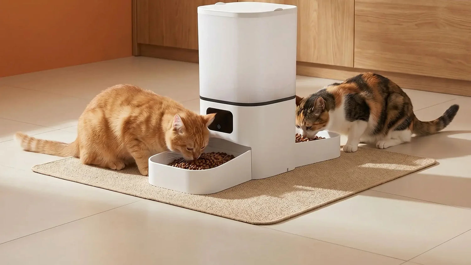 Deux chats mangeant dans un distributeur de croquettes pour chat automatique