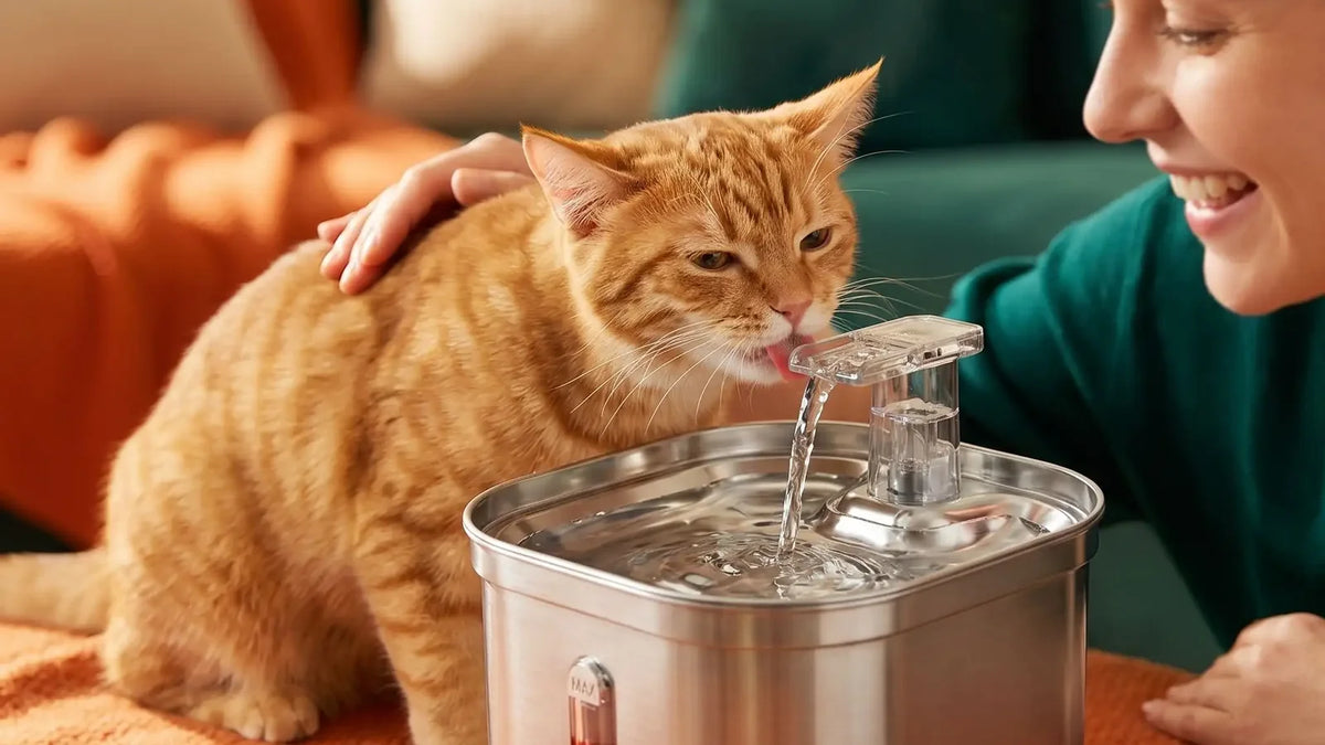 Chat roux buvant dans une fontaine à eau chat en inox, sa maîtresse à côté
