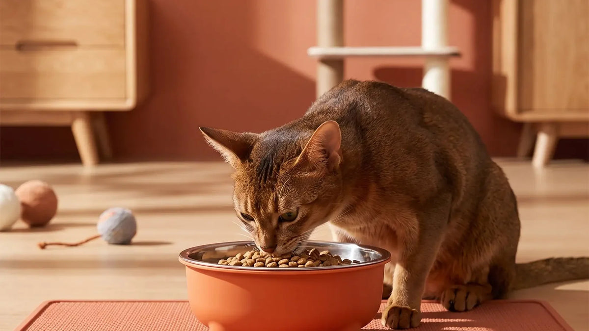 Chat roux mangeant dans une gamelle chat orange posée sur un tapis