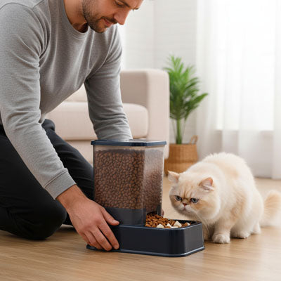 homme chat avec distributeur de croquettes pour chat