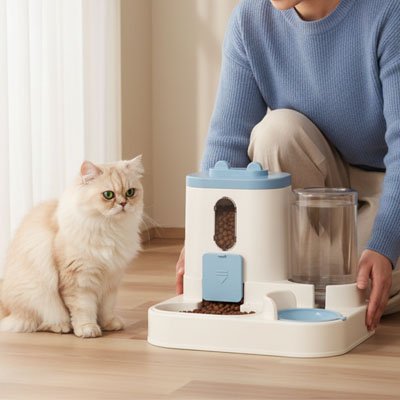 homme posant distributeur croquettes eau chat devant chat bleu