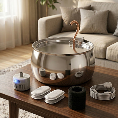 kit fontaine a eau chat acier inoxydable sur table salon