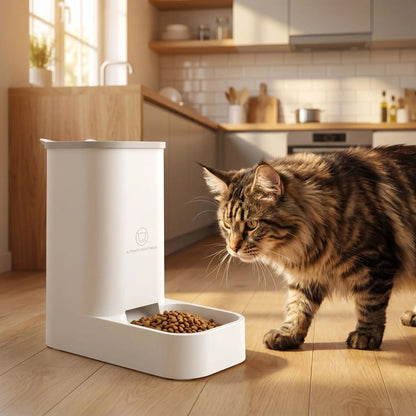 maine coon approchant du distributeur de croquettes chat