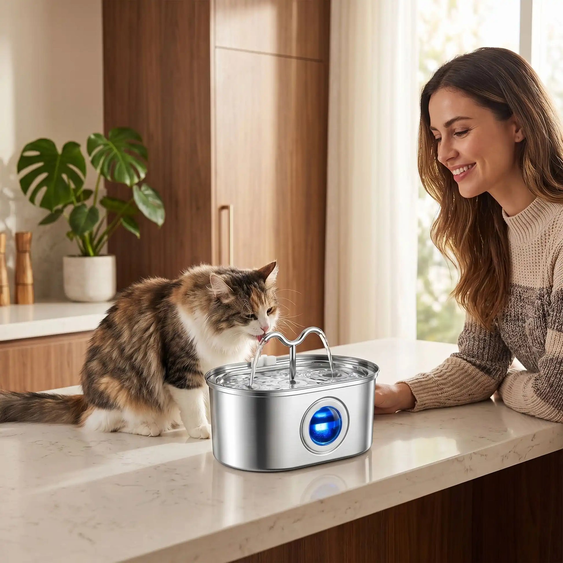 maitresse avec chat qui boit dans fontaine a eau chat inox