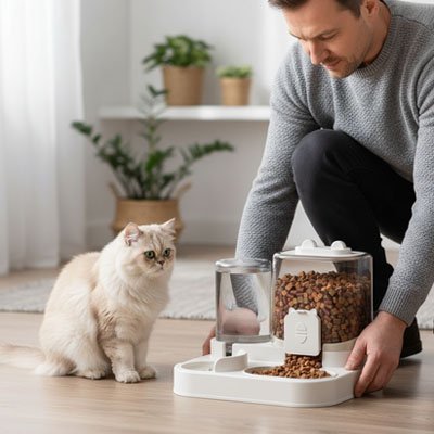 propriétaire disposant distributeur croquettes eau chat devant son persan 