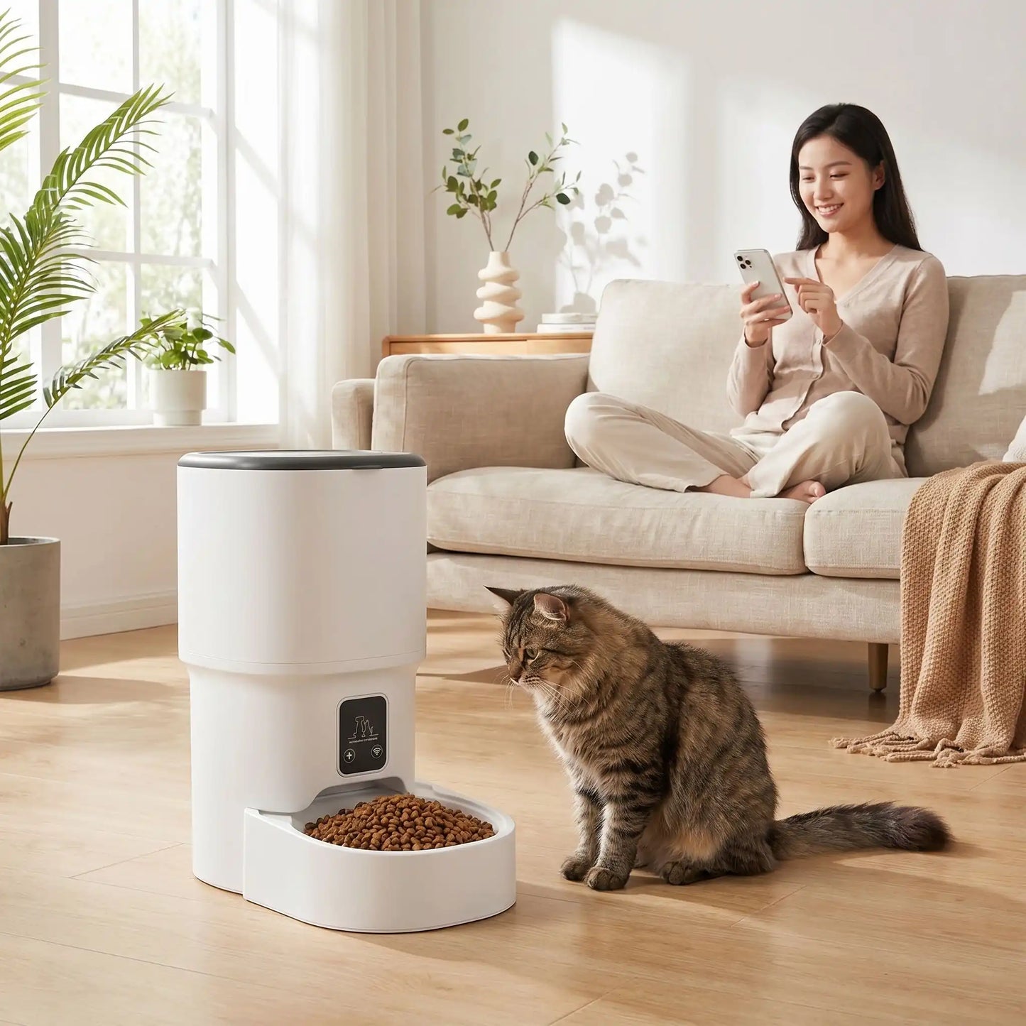 propriétaire programmant distributeur de croquettes automatique avec wifi