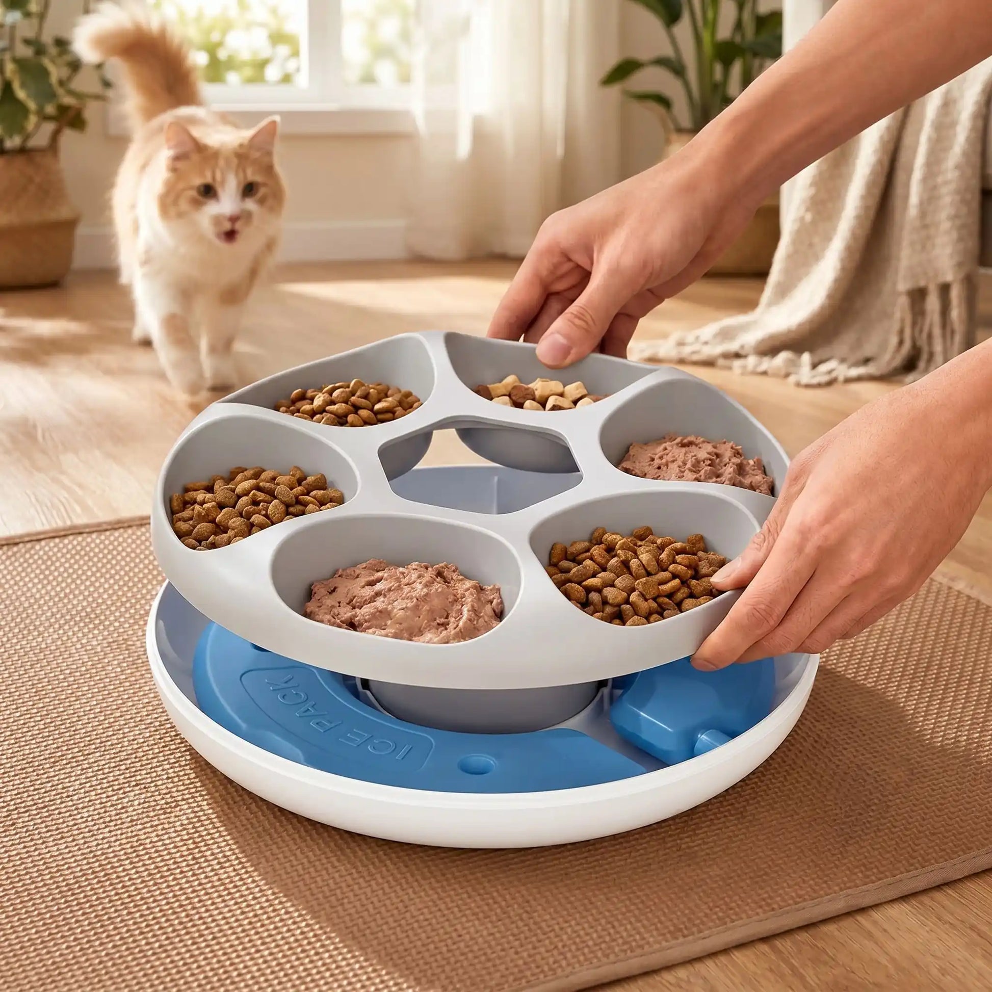 propriétaire servant chat a manger dans gamelle automatique chat