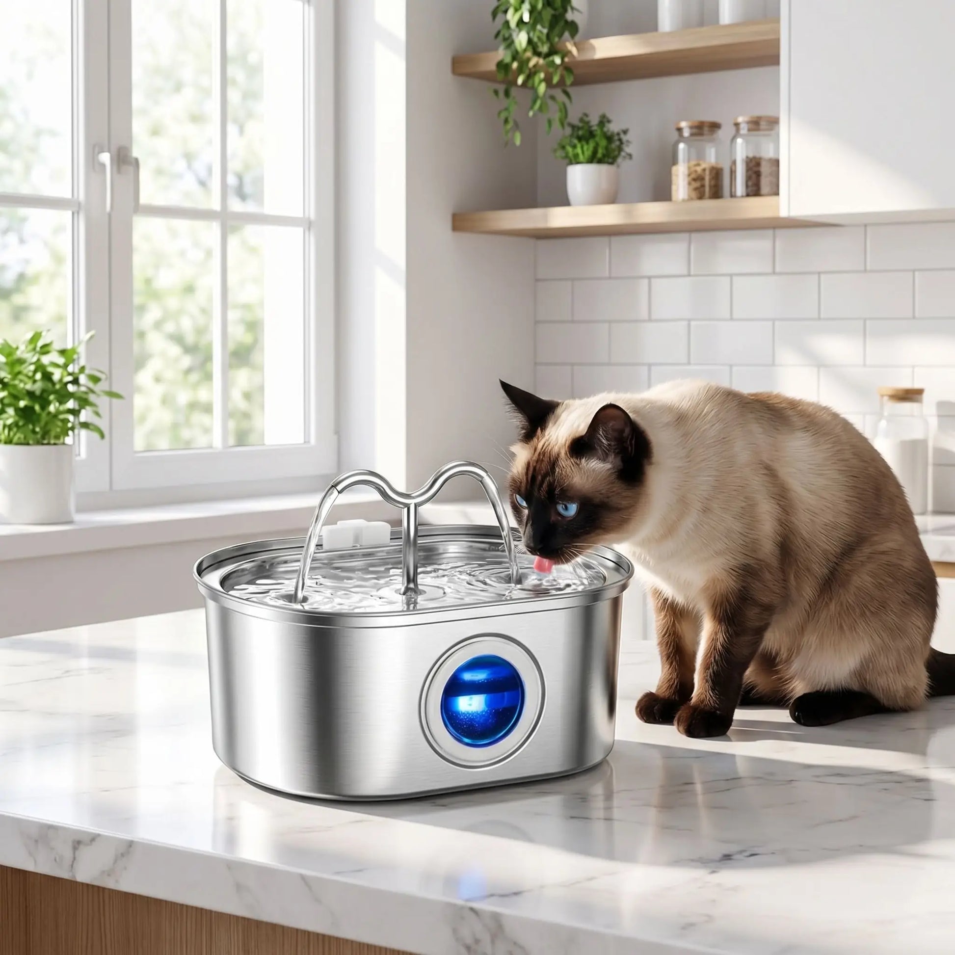 siamois boit dans fontaine a eau chat inox dans cuisine