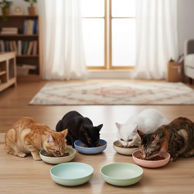 six gamelles pour chats avec quatre chats mangeant croquettes