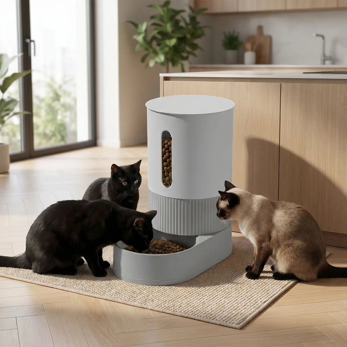 trois chats autour du distributeur de croquettes pour chat gris