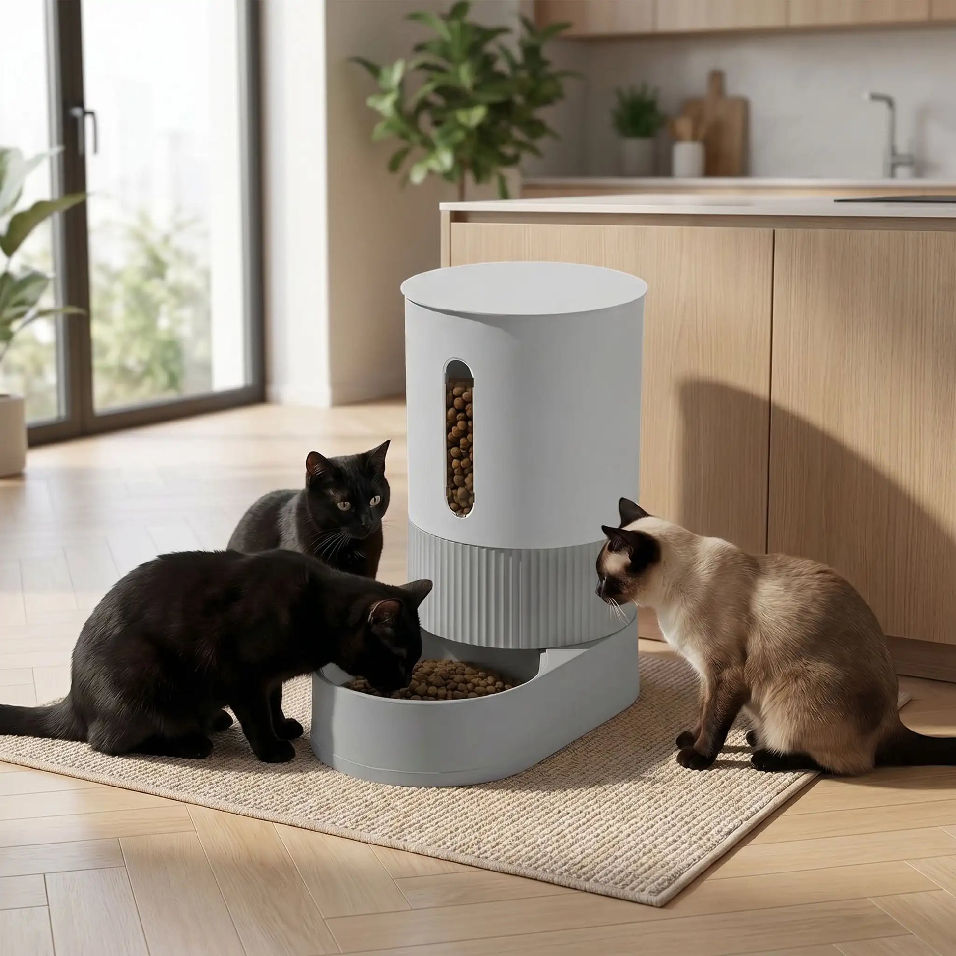 trois chats autour du distributeur de croquettes pour chat gris