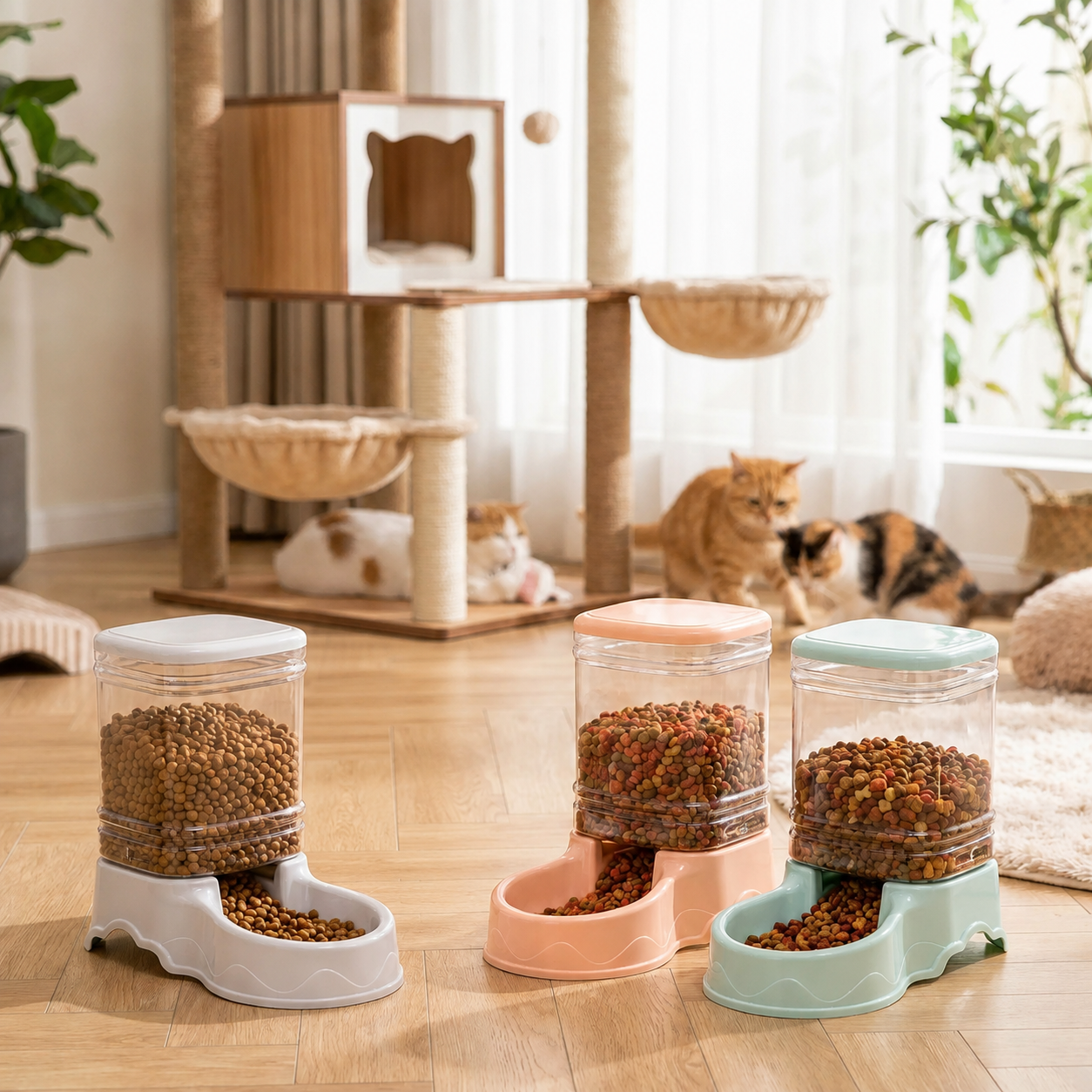 trois distributeur croquettes chat bleu rose gris dans salon